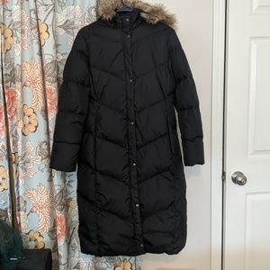 Full length black down coat with fur trimmed hood
